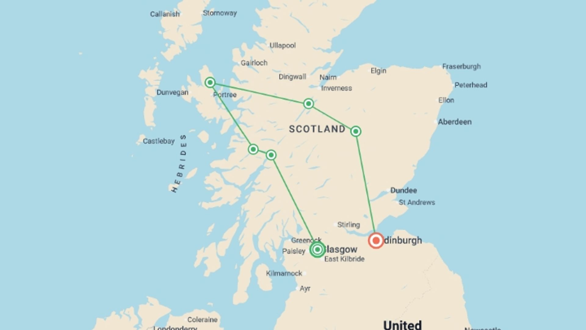 A map showing the tour itinerary for the trip: Highlights of Scotland, starting in Glasgow, Scotland and ending in Edinburgh, Scotland going through 3 other destinations.