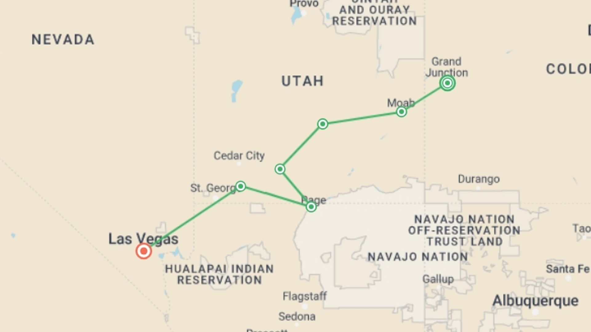 A map showing the tour itinerary for the trip: Utah's Mighty Five National Parks, starting in Grand Junction, USA and ending in Las Vegas, USA going through 5 other destinations.