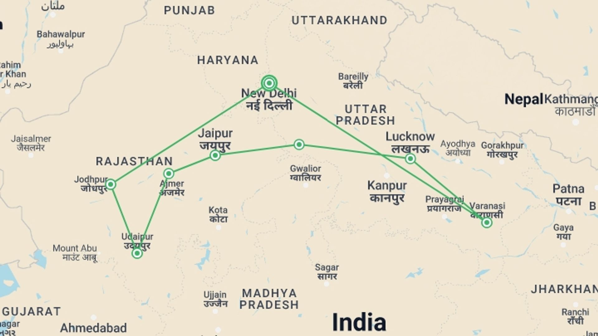 A map showing the tour itinerary for the trip: Best of Rajasthan and Varanasi, starting in New Delhi, India and ending in New Delhi, India going through 7 other destinations.