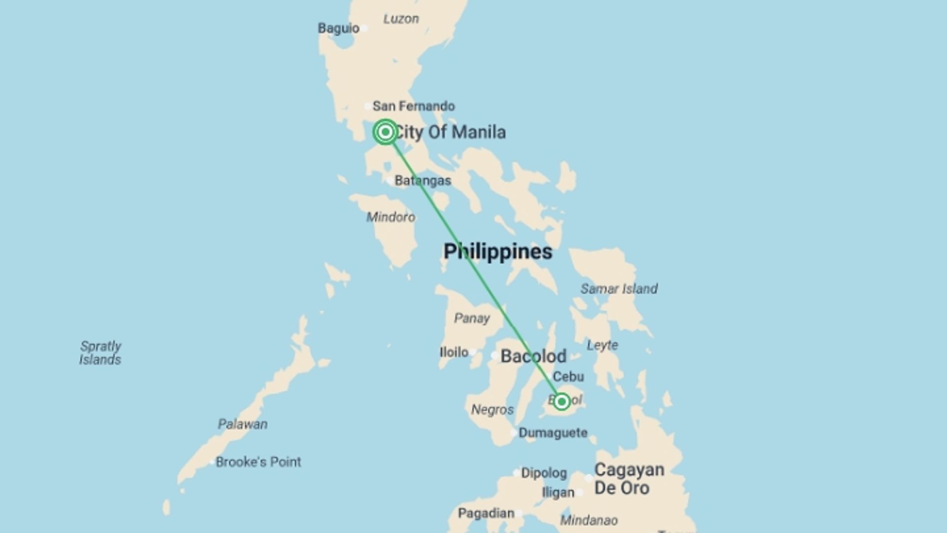 A map showing the tour itinerary for the trip: Brilliant Bohol - 8 days, starting in Manila, Philippines and ending in Manila, Philippines going through 1 other destinations.