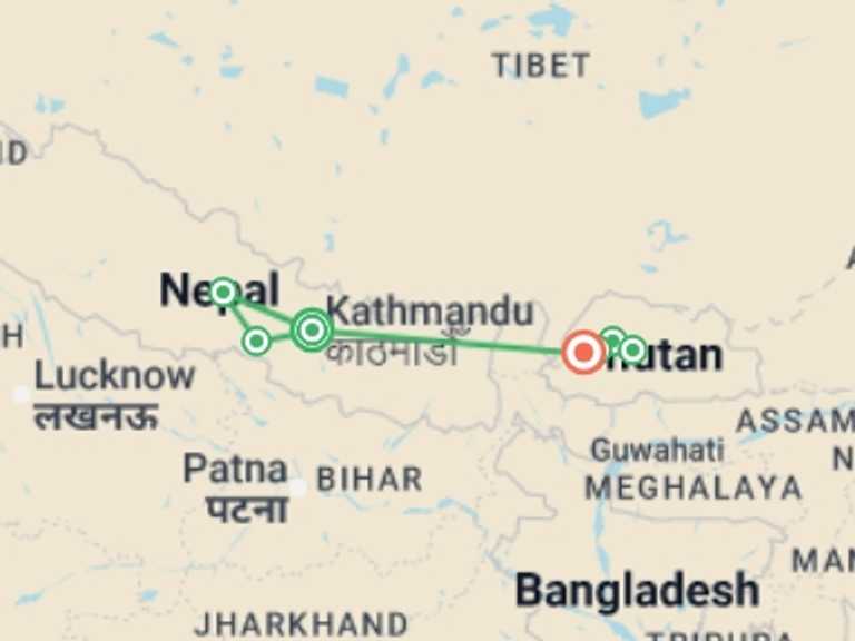 Map itinerary of Asia Tour in September 2026 with 7 destination visits for the trip: Premium Nepal & Bhutan