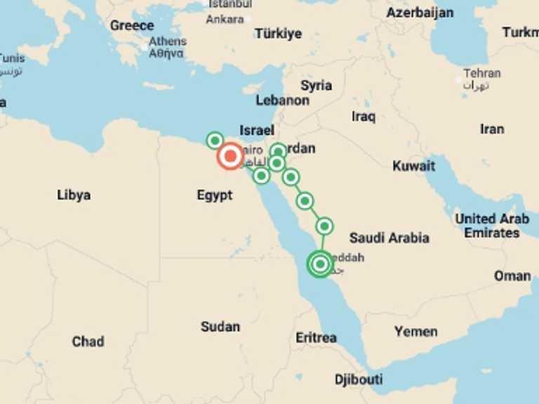 Map of Egypt and Saudi Arabia Tour with 9 destination visits for the trip: Arabia, Jordan, Alexandria and Cairo