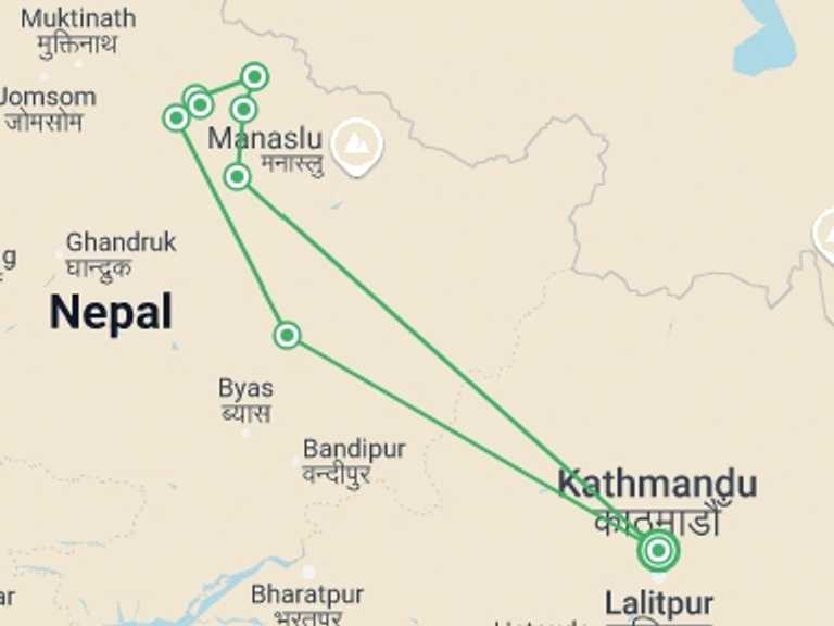 Map itinerary of Kathmandu Tour in September 2027 with 9 destination visits for the trip: Nar Phu Valley Trek