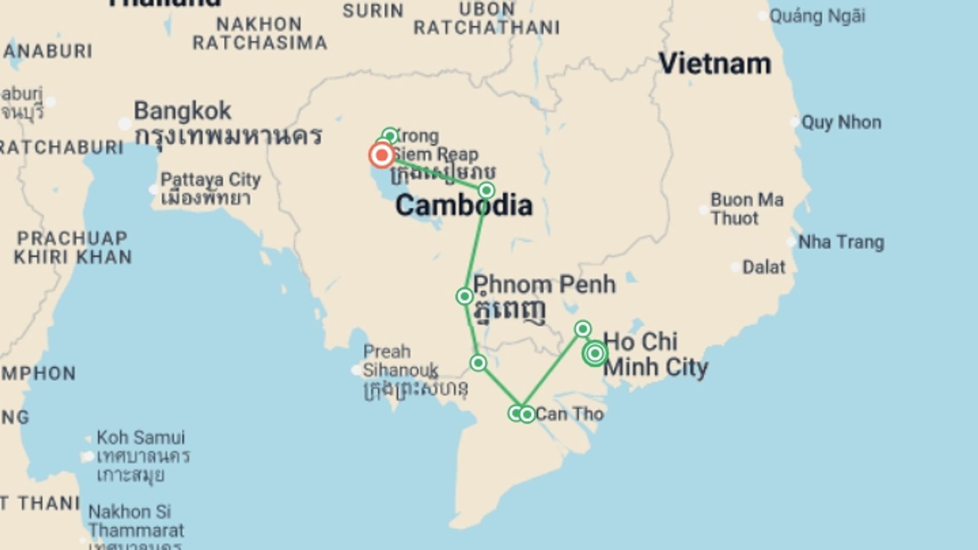 A map showing the tour itinerary for the trip: Cycle Vietnam and Cambodia, starting in Ho Chi Minh City, Vietnam and ending in Siem Reap, Cambodia going through 8 other destinations.