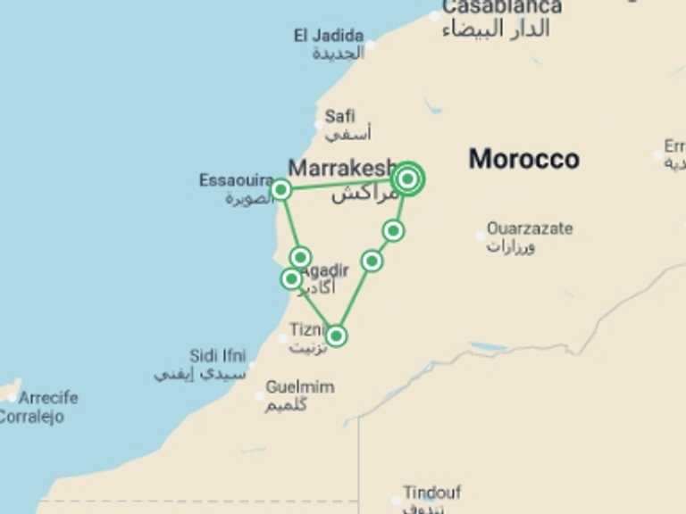 Map of 9-Day Marrakech Tour with 7 destination visits for the trip: Cycle Morocco's Great South