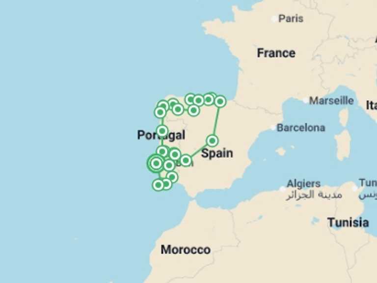 Map itinerary of Spain Tour in August 2026 with 9 destination visits for the trip: Complete Portugal and Northern Spain end Lisbon