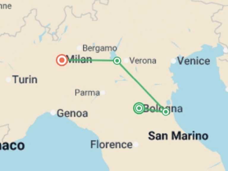 Map itinerary of Europe Tour in October 2026 with 4 destination visits for the trip: Hidden Treasures of Northern Italy
