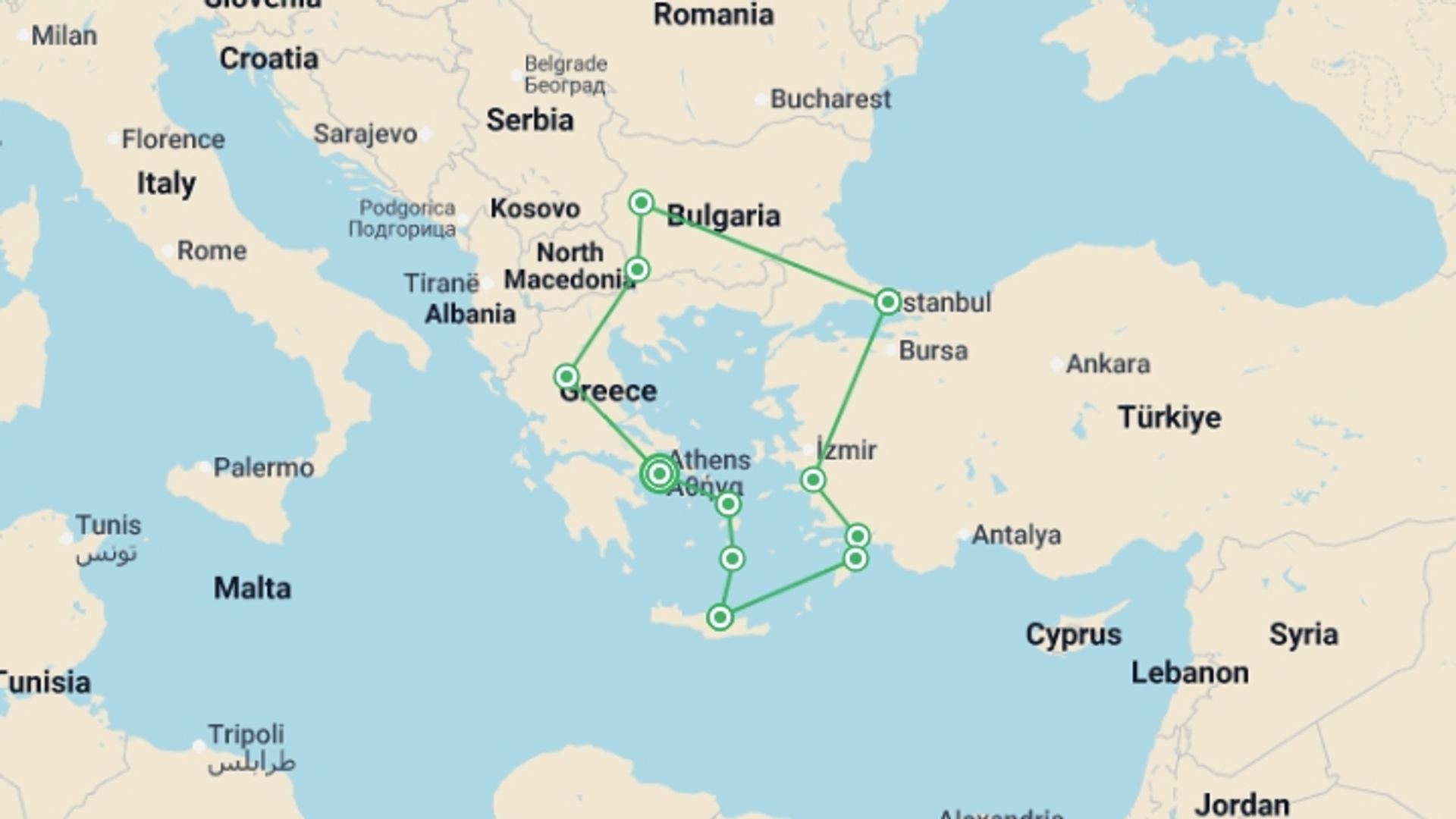 A map showing the tour itinerary for the trip: Great Southeast Europe, starting in Athens, Greece and ending in Athens, Greece going through 10 other destinations.