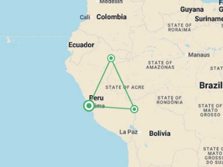 Map itinerary of Lima Tour in September 2025 with 4 destination visits for the trip: Iquitos Amazon Jungle Adventure 5D/4N