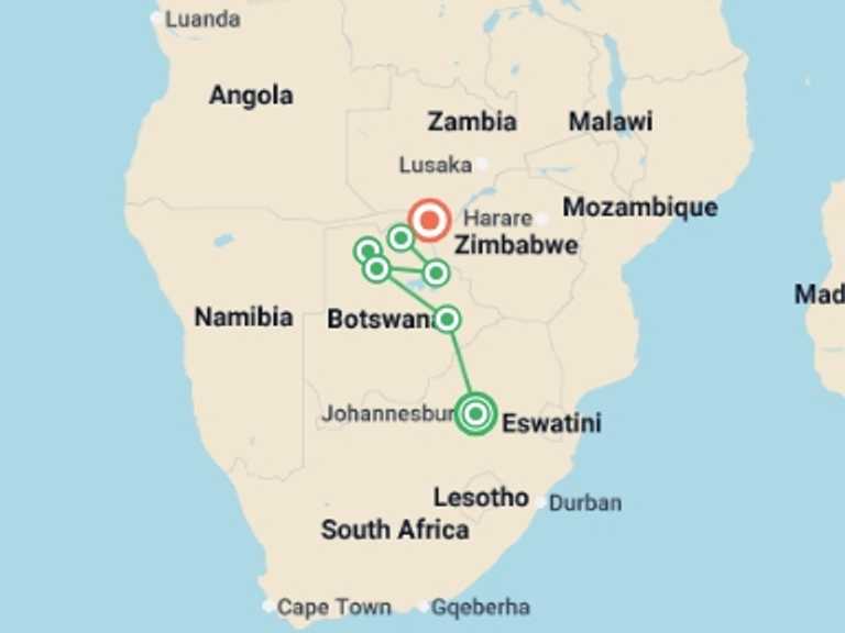 Map itinerary of Africa Tour in December 2025 with 7 destination visits for the trip: Okavango Experience