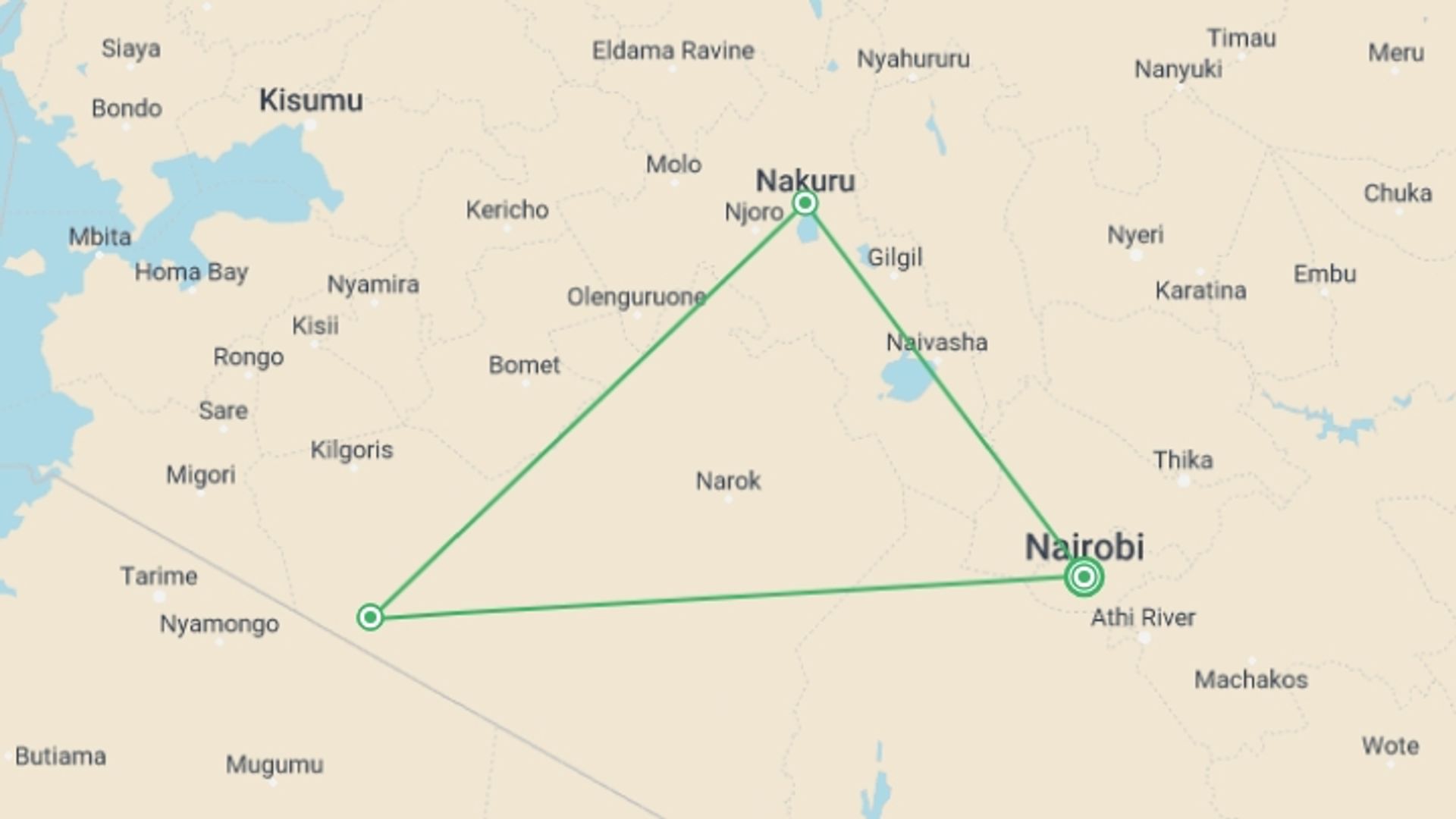 A map showing the tour itinerary for the trip: 4-day Kenya Great Wildebeest Migration Safari Tour, starting in Nairobi, Kenya and ending in Nairobi, Kenya going through 2 other destinations.