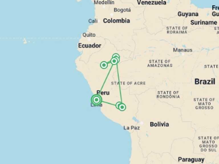 Map itinerary of Lima Tour in November 2026 with 7 destination visits for the trip: Peruvian Amazon & Machu Picchu Exploration (2026)