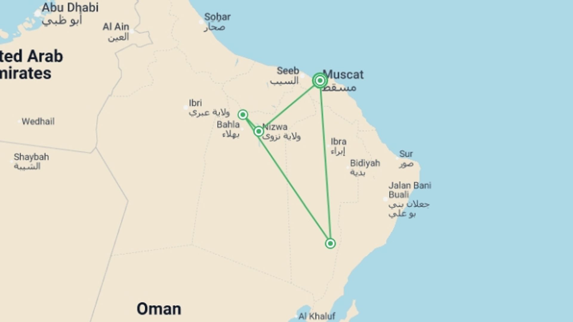 A map showing the tour itinerary for the trip: Mountains, Deserts and Coast of Oman, starting in Muscat, Oman and ending in Muscat, Oman going through 3 other destinations.
