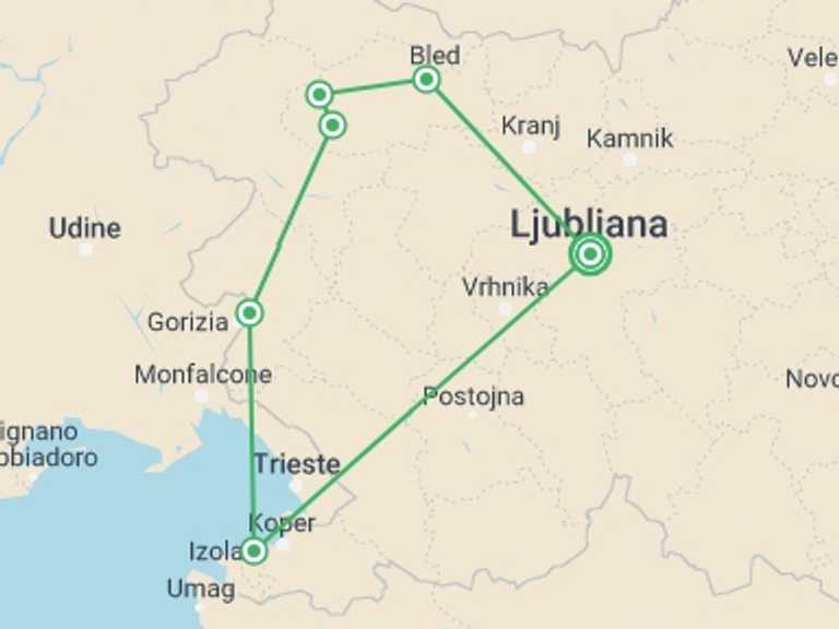 Map of a National parks Tour with 6 destination visits for the trip: Alpine Lakes of Slovenia