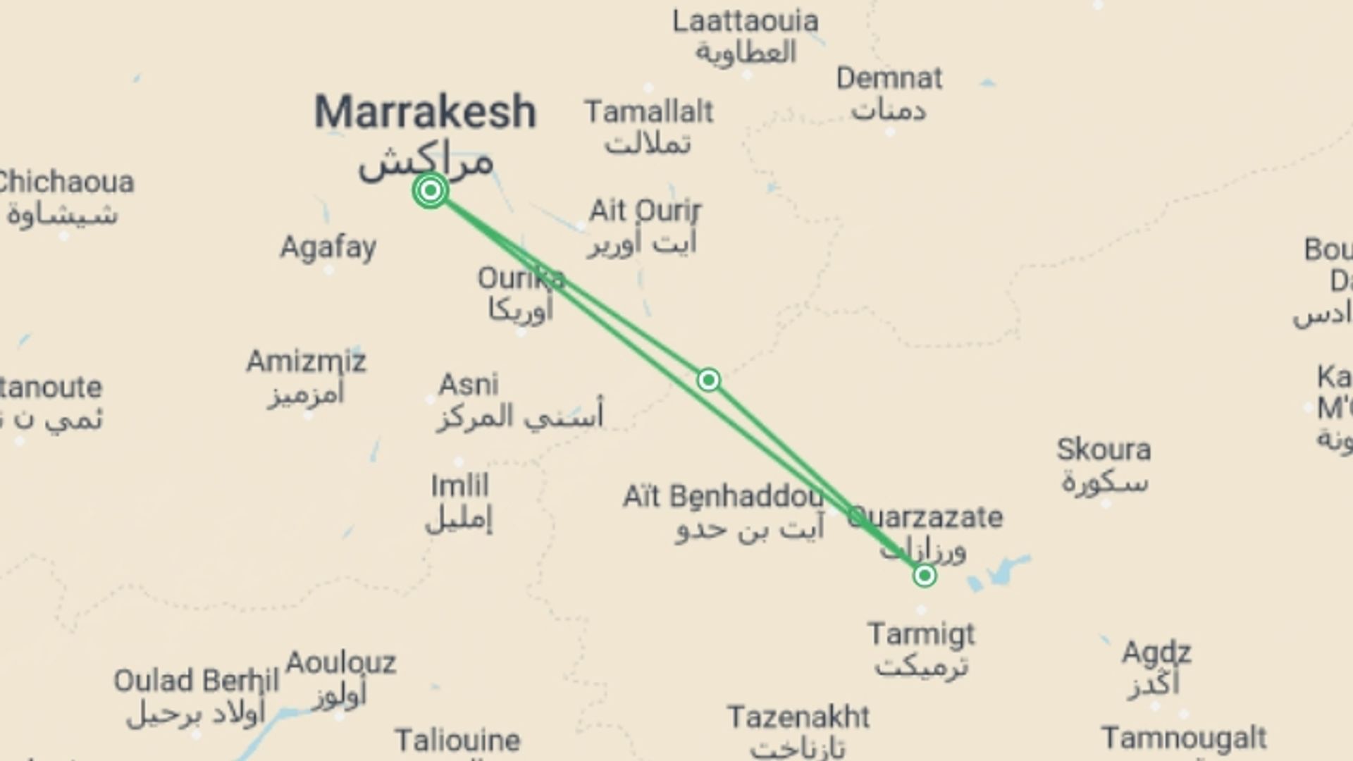 A map showing the tour itinerary for the trip: Ouarzazate Overnight, 4 Days, Private Tour, starting in Marrakech, Morocco and ending in Marrakech, Morocco going through 1 other destinations.