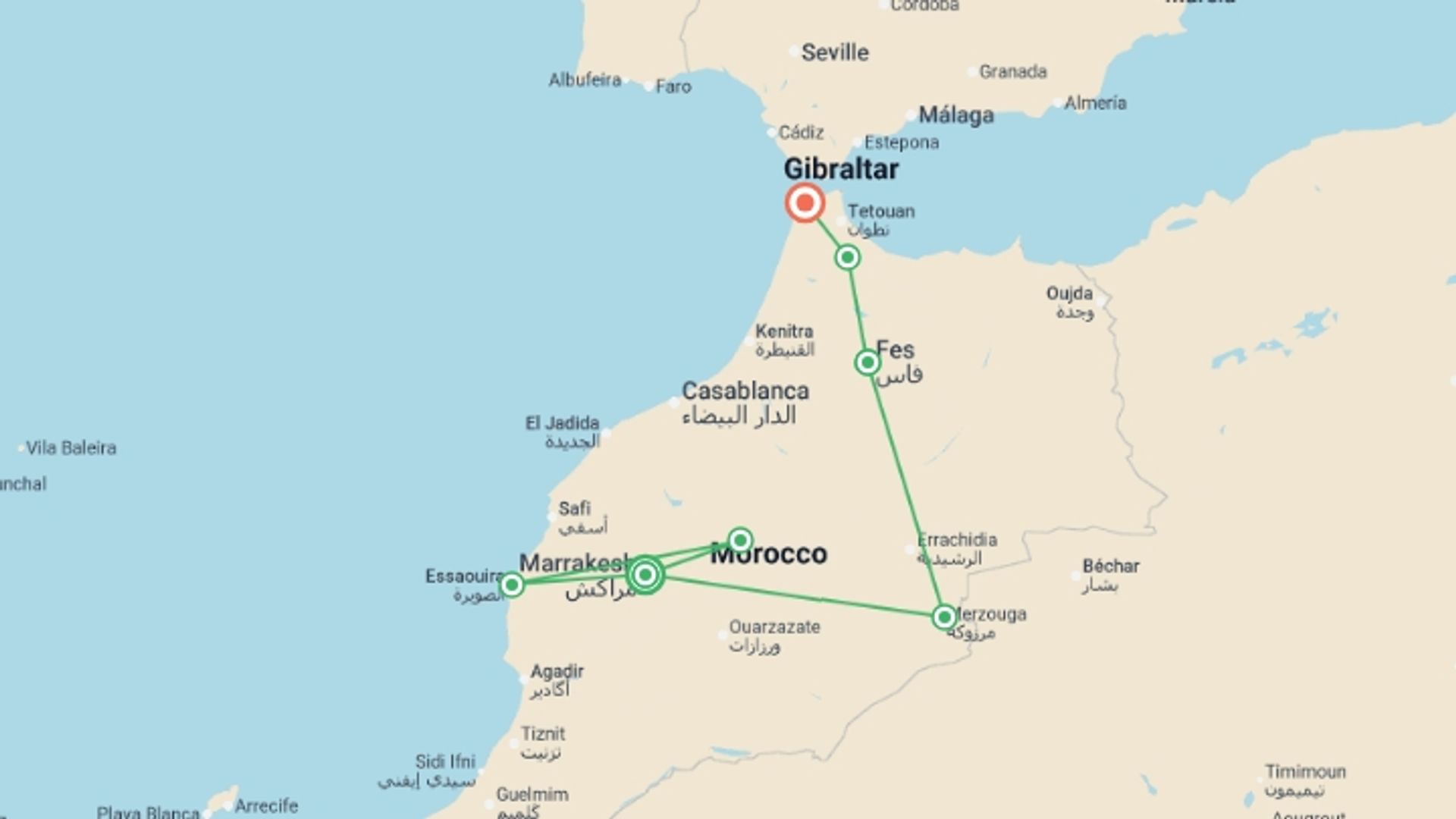 A map showing the tour itinerary for the trip: Morocco: See & Experience it all in 11 days, Luxury Tour, starting in Marrakech, Morocco and ending in Tangier, Morocco going through 6 other destinations.