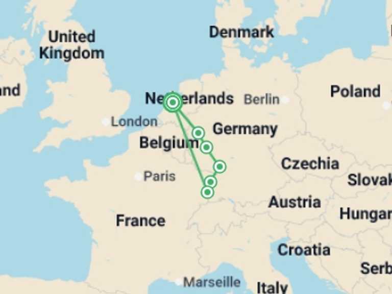 Map itinerary of Europe Tour in August 2026 with 7 destination visits for the trip: Magical Rhine & Moselle Rivers