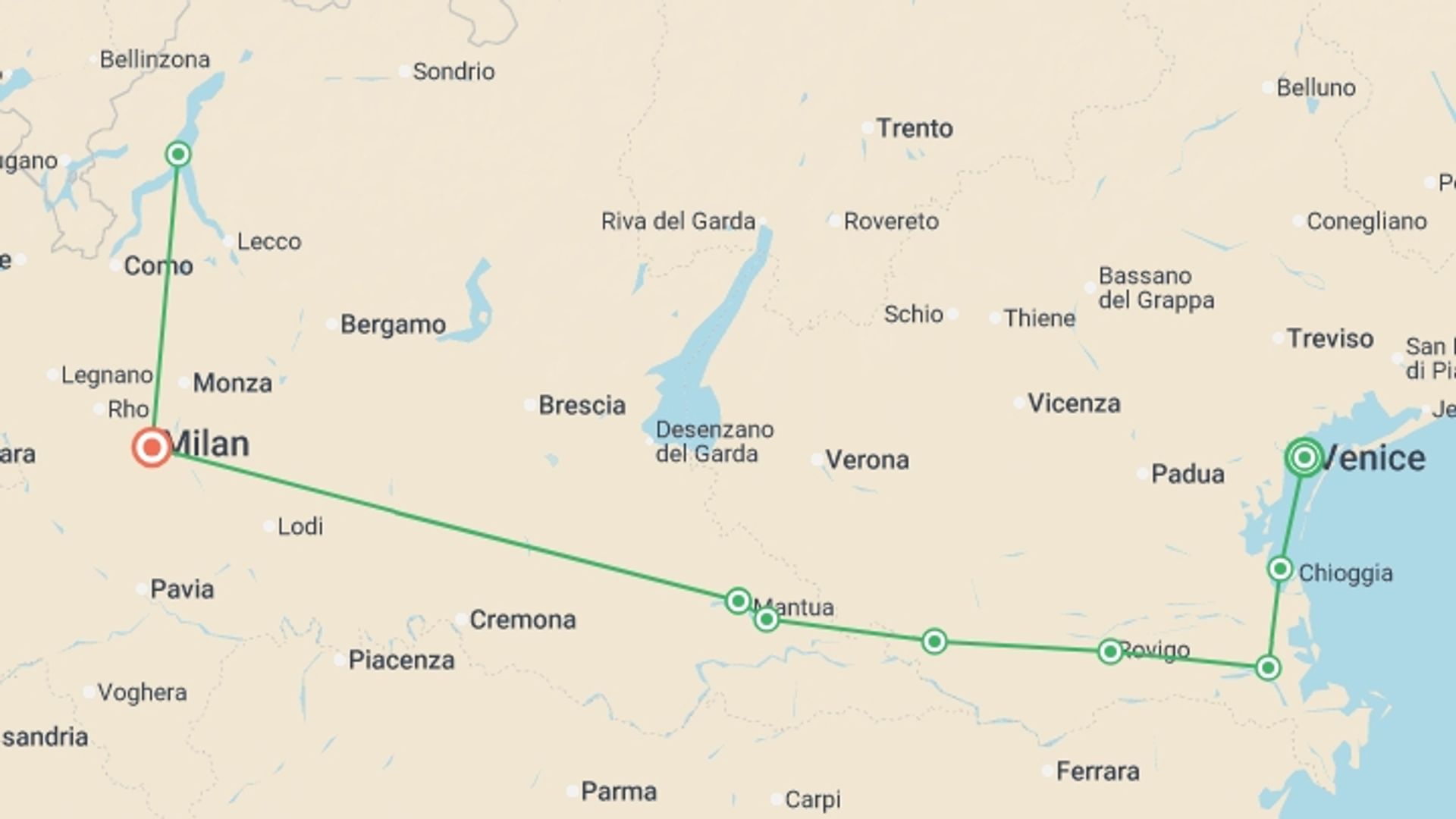 A map showing the tour itinerary for the trip: From the Canals of Venice to Renaissance-infused Mantua & Milan and Lake Como Extended Stay (port-to-port cruise), starting in Venice, Italy and ending in Milan, Italy going through 4 other destinations.
