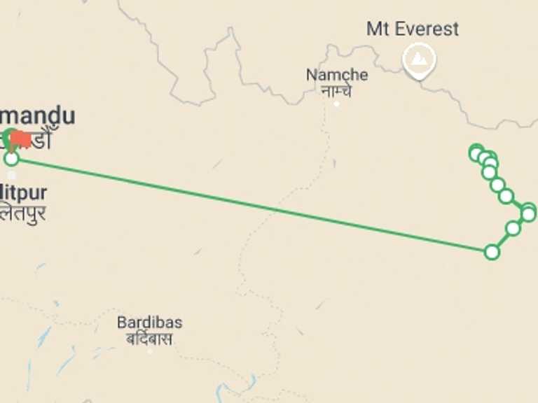 Map of 15-Day Kathmandu Tour with 14 destination visits for the trip: Makalu Base Camp Trek.