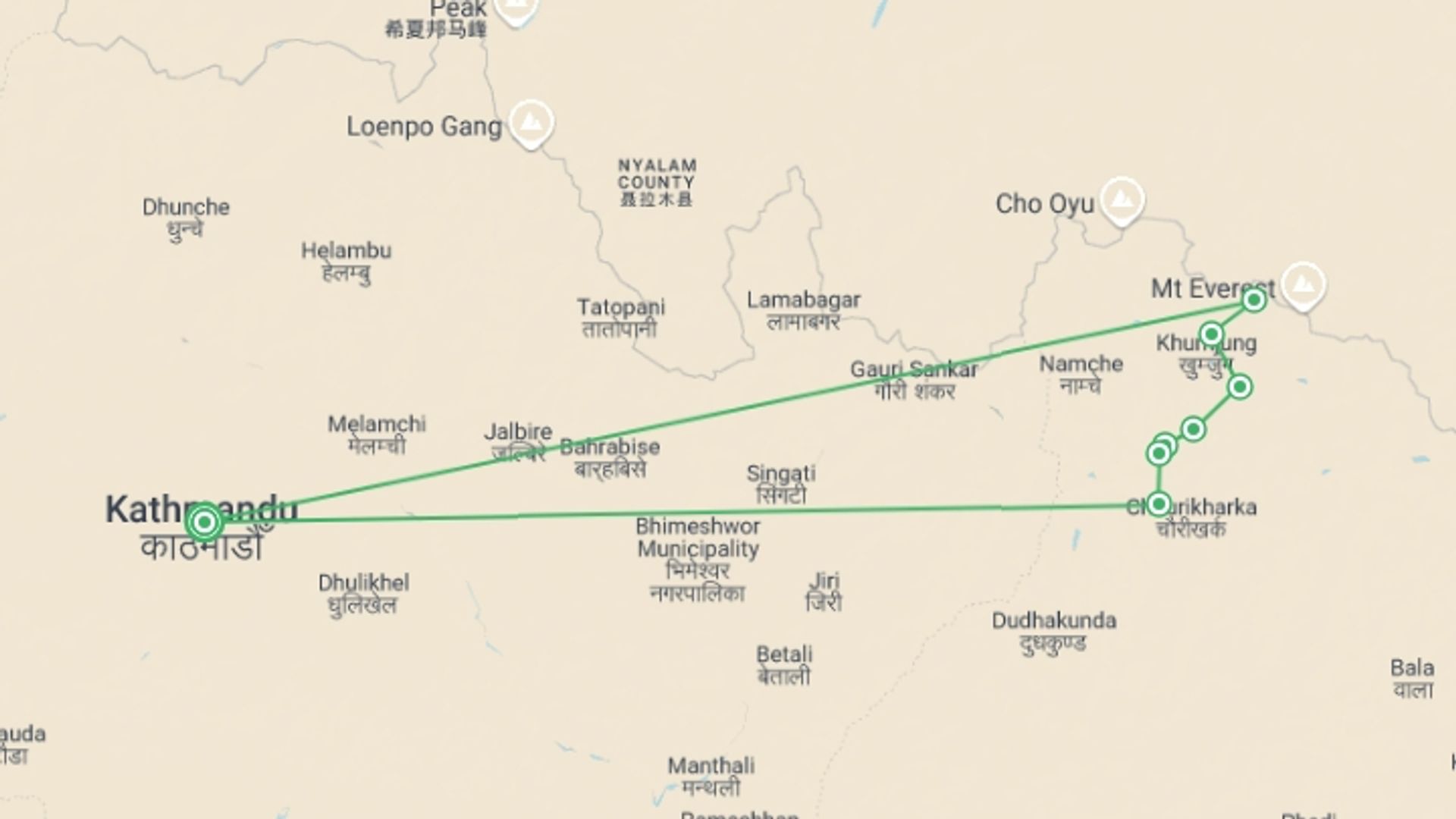A map showing the tour itinerary for the trip: 11 Days EBC Trek fly-out by Helicopter, starting in Kathmandu, Nepal and ending in Kathmandu, Nepal going through 8 other destinations.