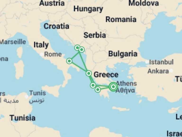 Map itinerary of Greece Tour in Fall with 7 destination visits for the trip: Adriatic Odyssey from Athens - 10 days