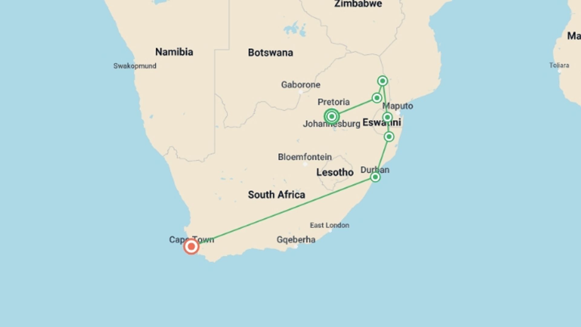 A map showing the tour itinerary for the trip: South Africa Adventure, starting in Johannesburg, South Africa and ending in Cape Town, South Africa going through 5 other destinations.