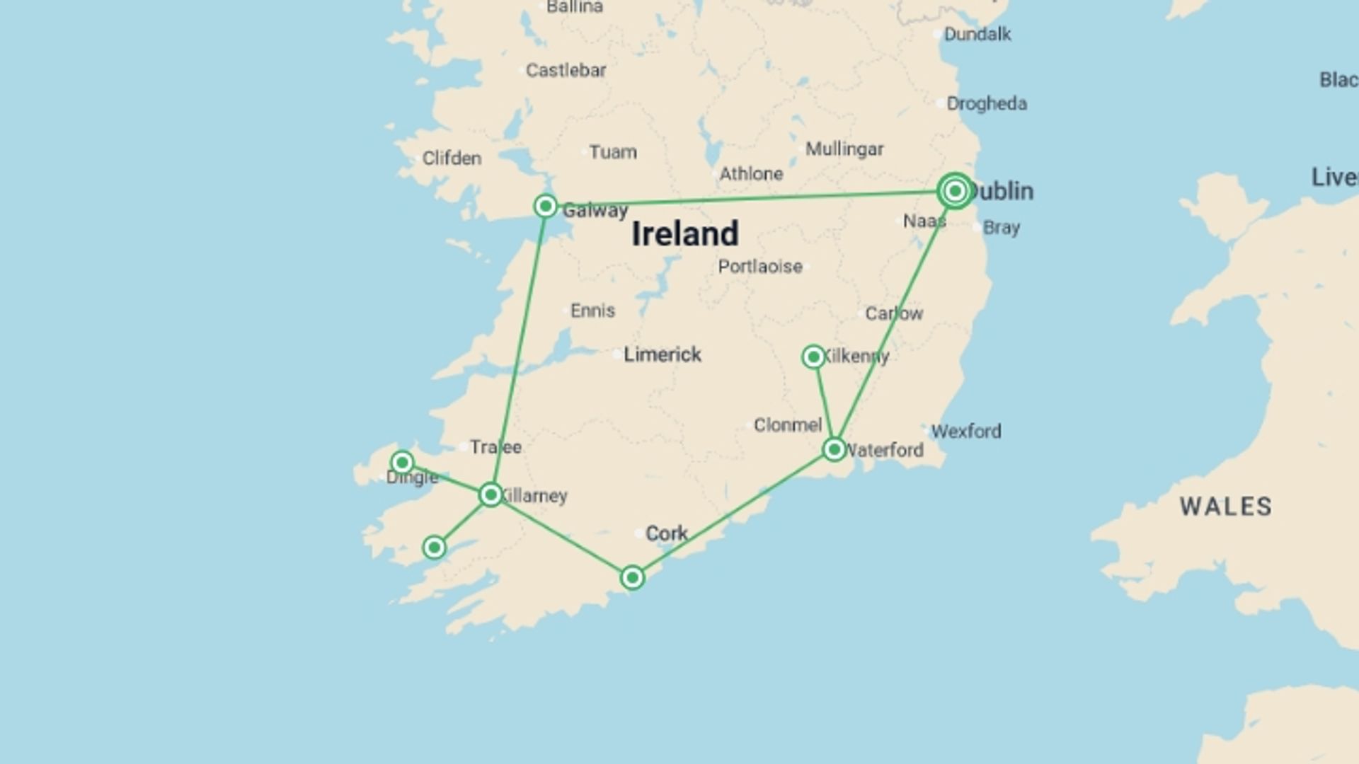 A map showing the tour itinerary for the trip: Highlights of the Republic - 9 days, starting in Dublin, Ireland and ending in Dublin, Ireland going through 4 other destinations.