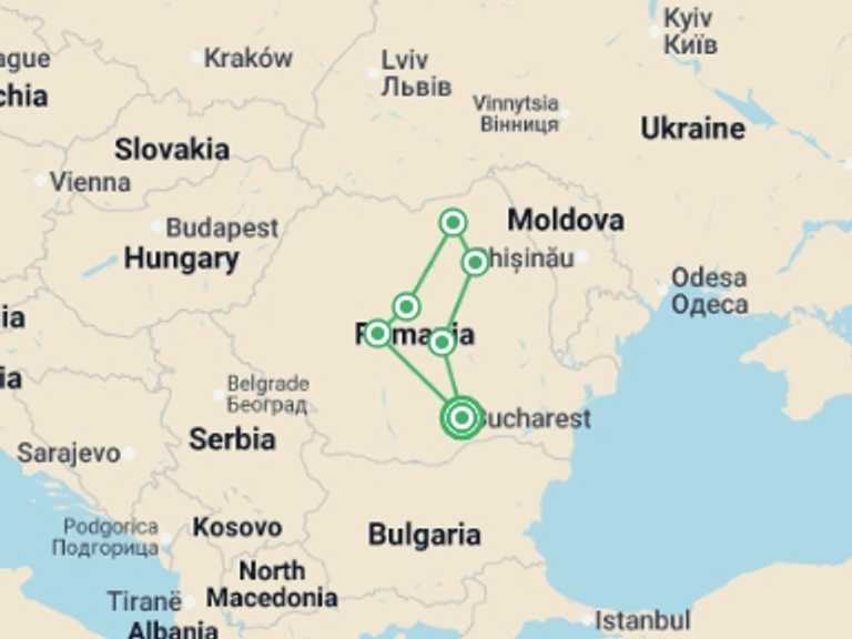 Map itinerary of Europe Tour in July 2026 with 6 destination visits for the trip: Complete Romania