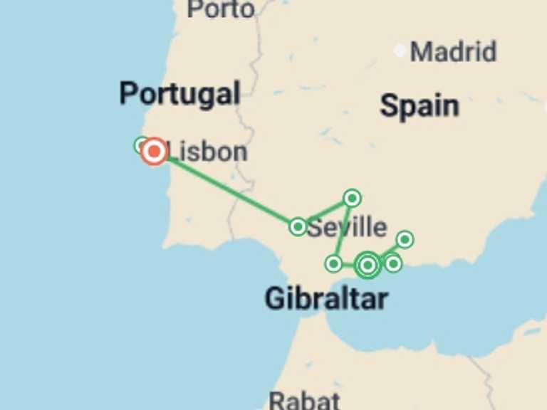 Map of Europe Tour with 5 destination visits for the trip: Exploring Iberia: Southern Spain to Coastal Portugal 