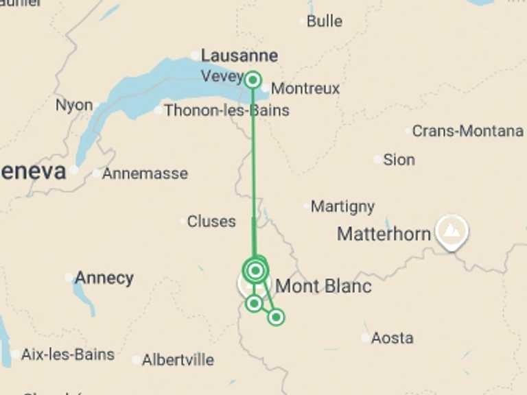 Map itinerary of France Tour in May 2026 with 5 destination visits for the trip: Mont Blanc Hiking Highlights