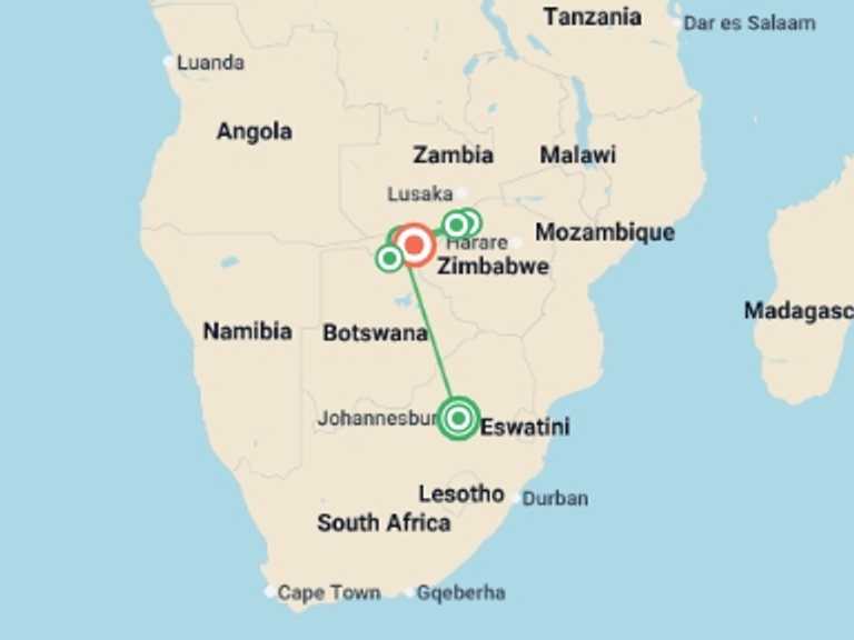 Map of Africa Tour with 7 destination visits for the trip: Safari Cruise along the Zambezi River - South Africa, Botswana, Namibia, Zimbabwe (port-to-port cruise)