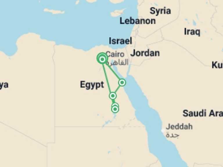 Map itinerary of Egypt Tour in January 2026 with 5 destination visits for the trip: Egyptian Family Adventure & Red Sea - 13 days