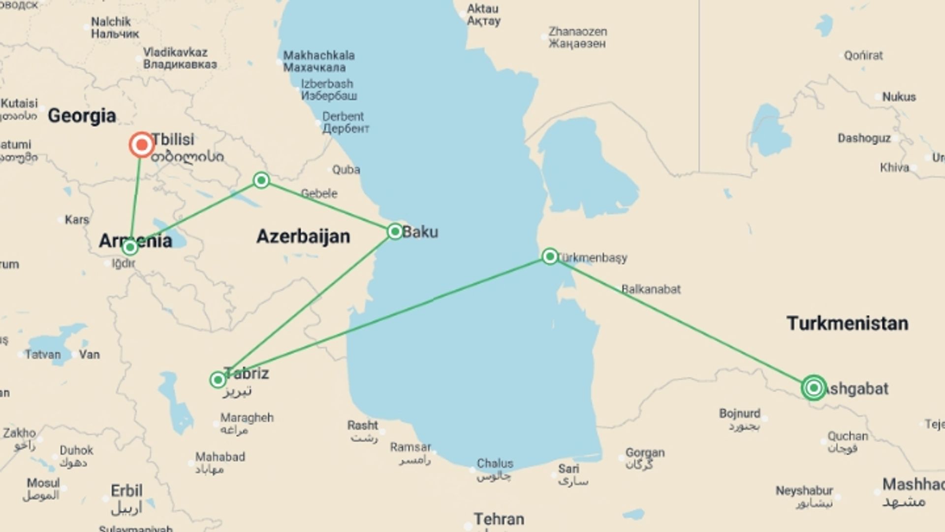 A map showing the tour itinerary for the trip: Ashgabat To Tbilisi (26 Days), starting in Ashgabat, Turkmenistan and ending in Tbilisi, Georgia going through 3 other destinations.