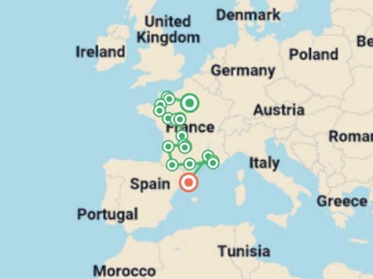Map of France and Spain Tour with 10 destination visits for the trip: Normandy, all of France and Barcelona