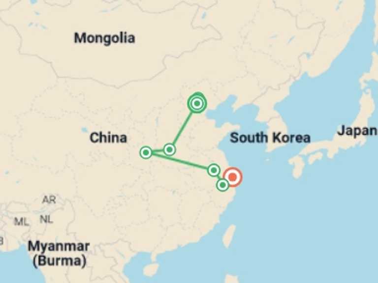 Map itinerary of China Tour in July 2027 with 10 destination visits for the trip: Ancient China Capitals Discovery