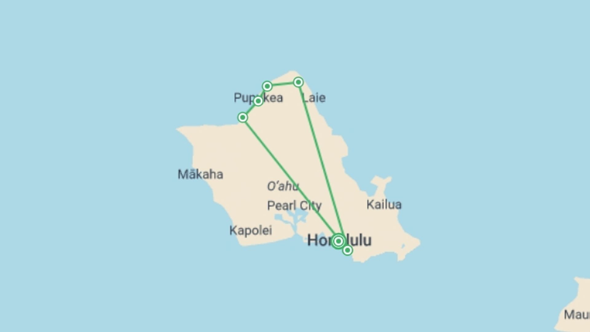 A map showing the tour itinerary for the trip: Honolulu Hawaii Experience 4D/3N, starting in Honolulu, USA and ending in Honolulu, USA going through 1 other destinations.