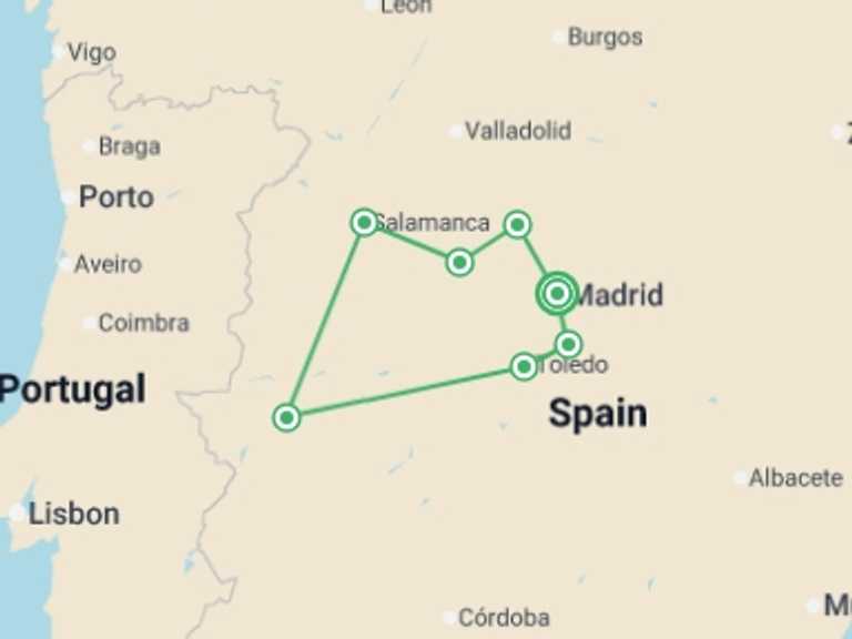 Map itinerary of Spain Tour in October 2026 with 5 destination visits for the trip: Madrid & World Heritage Cities, Self-drive