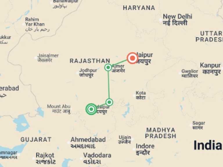 Map itinerary of Rajasthan Tour in Summer with 4 destination visits for the trip: Highlights of Rajasthan