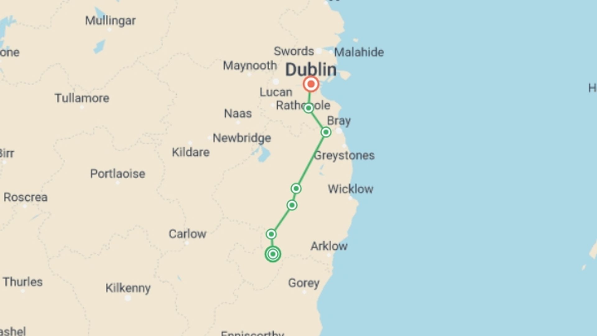 A map showing the tour itinerary for the trip: The Wicklow Way - 7 Days, starting in Tinahely, Ireland and ending in Dublin, Ireland going through 6 other destinations.