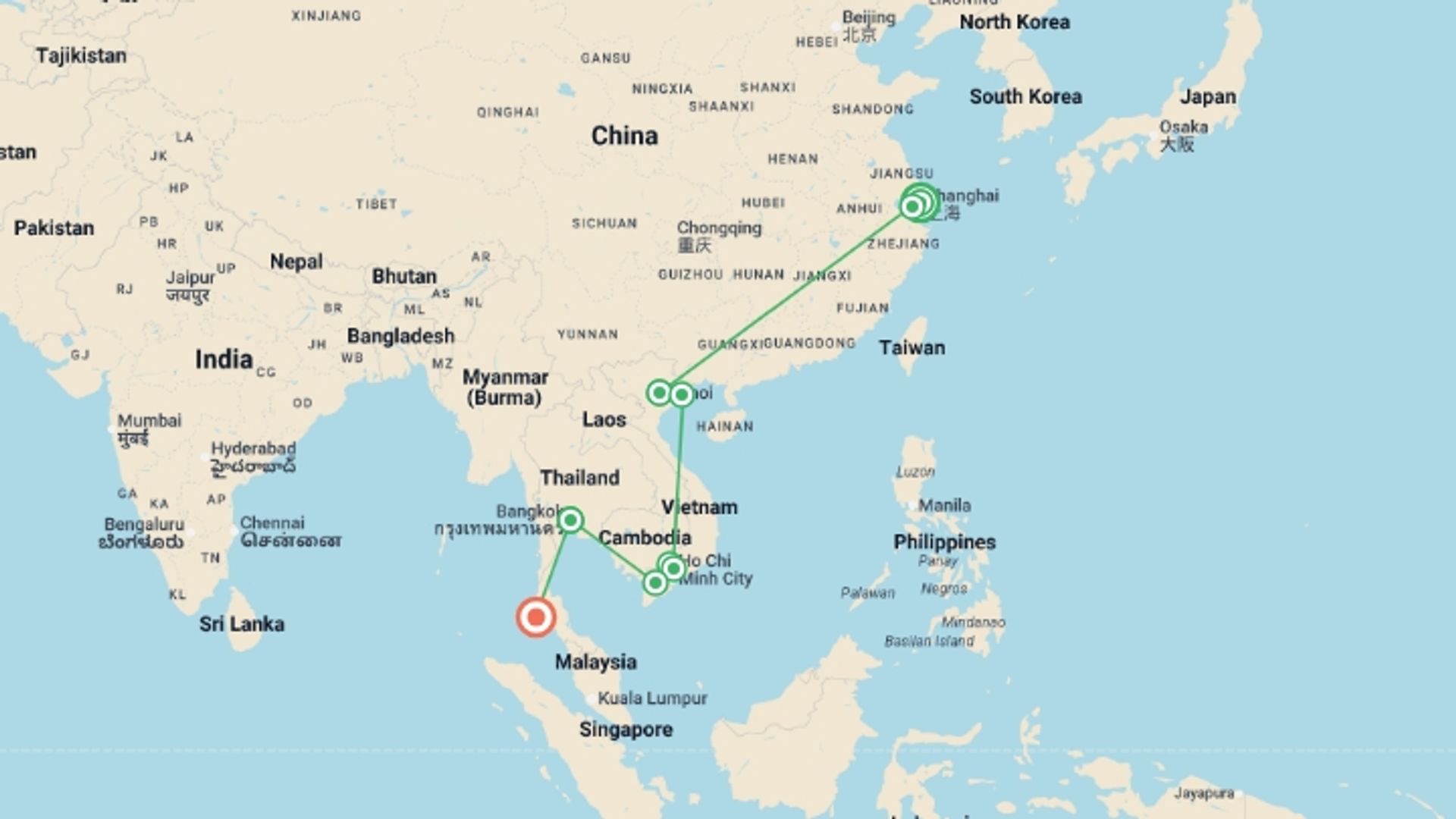 A map showing the tour itinerary for the trip: Shanghai, Vietnam & Thailand Explorer - 16 days, starting in Shanghai, China and ending in Phuket, Thailand going through 7 other destinations.