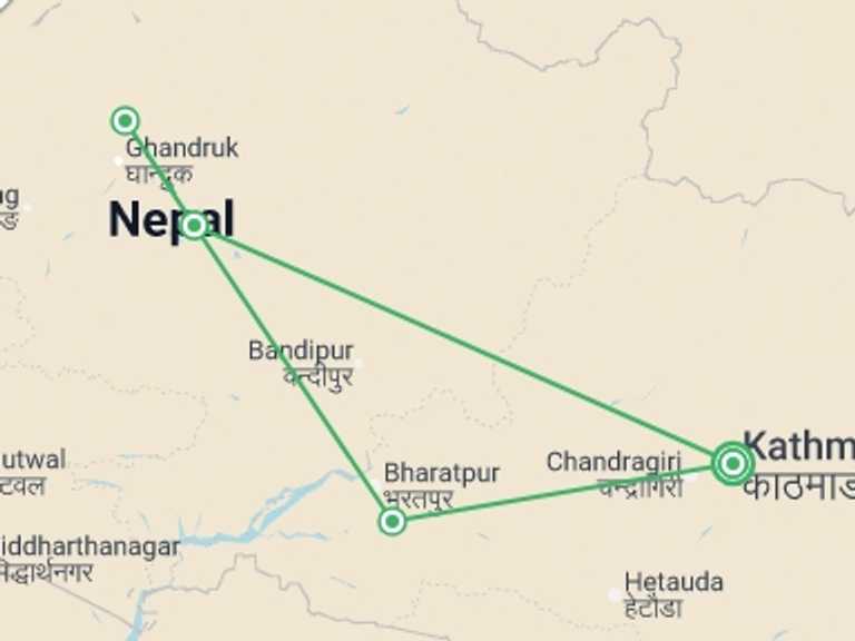 Map of Asia Tour with 2 destination visits for the trip: Nepal See & Experience it all in 8 days, Luxury Tour