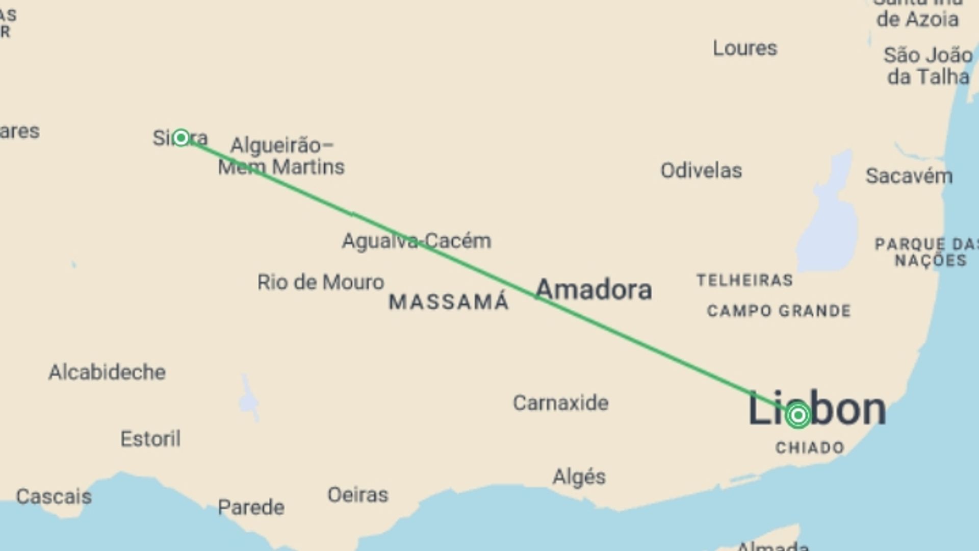 A map showing the tour itinerary for the trip: Lisbon Cultural Experience, City Break, 6 Days, starting in Lisbon, Portugal and ending in Lisbon, Portugal going through 0 other destinations.