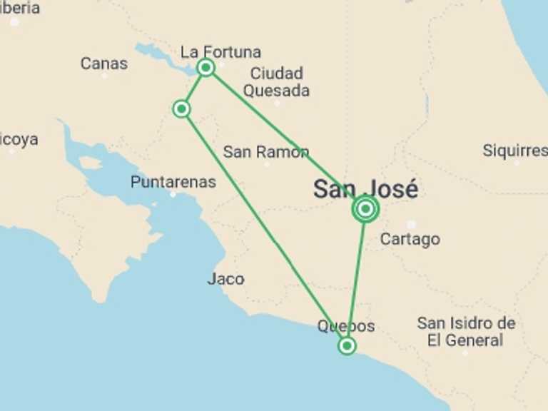 Map of San Jose Active and outdoor Tour with 5 destination visits for the trip: Treasures Of Costa Rica