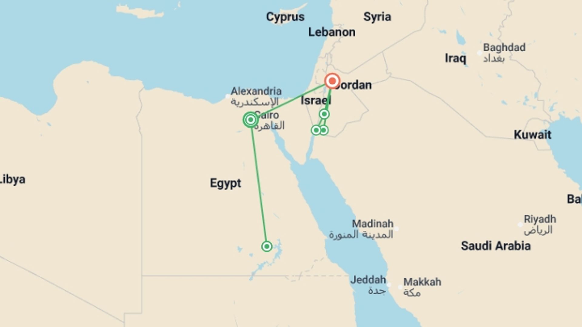 A map showing the tour itinerary for the trip: Classic Egypt & Jordan, starting in Cairo, Egypt and ending in Amman, Jordan going through 4 other destinations.