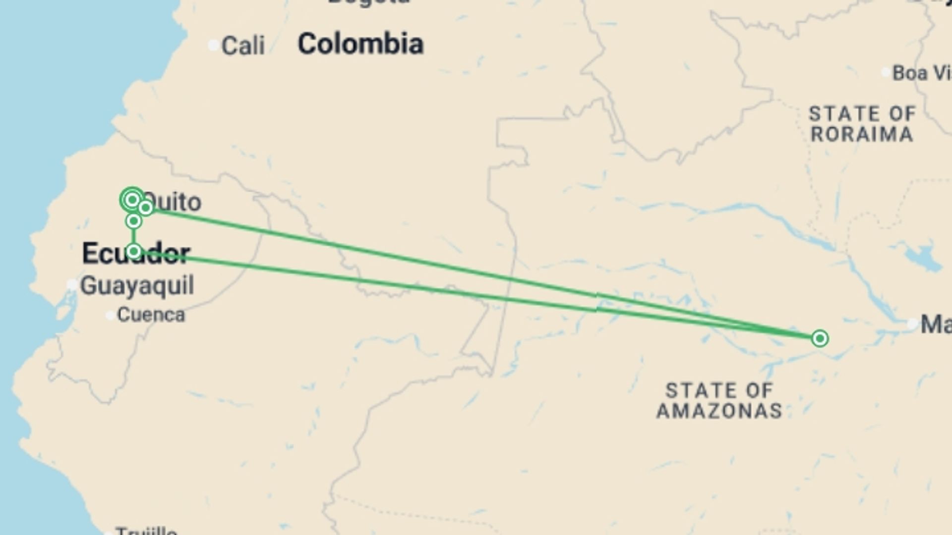 A map showing the tour itinerary for the trip: Totally Ecuador - 9 days, starting in Quito, Ecuador and ending in Quito, Ecuador going through 4 other destinations.
