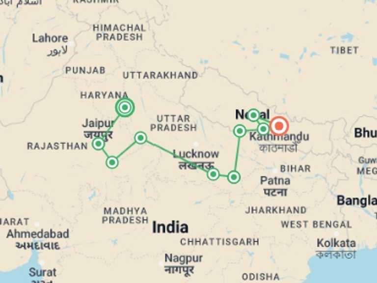 Map of New Delhi Local boat rides Tour with 10 destination visits for the trip: Delhi to Kathmandu