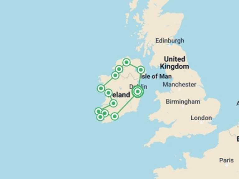 Map of Ireland Natural landmarks sightseeing Tour with 11 destination visits for the trip: The Grand Ireland Wild Atlantic Way