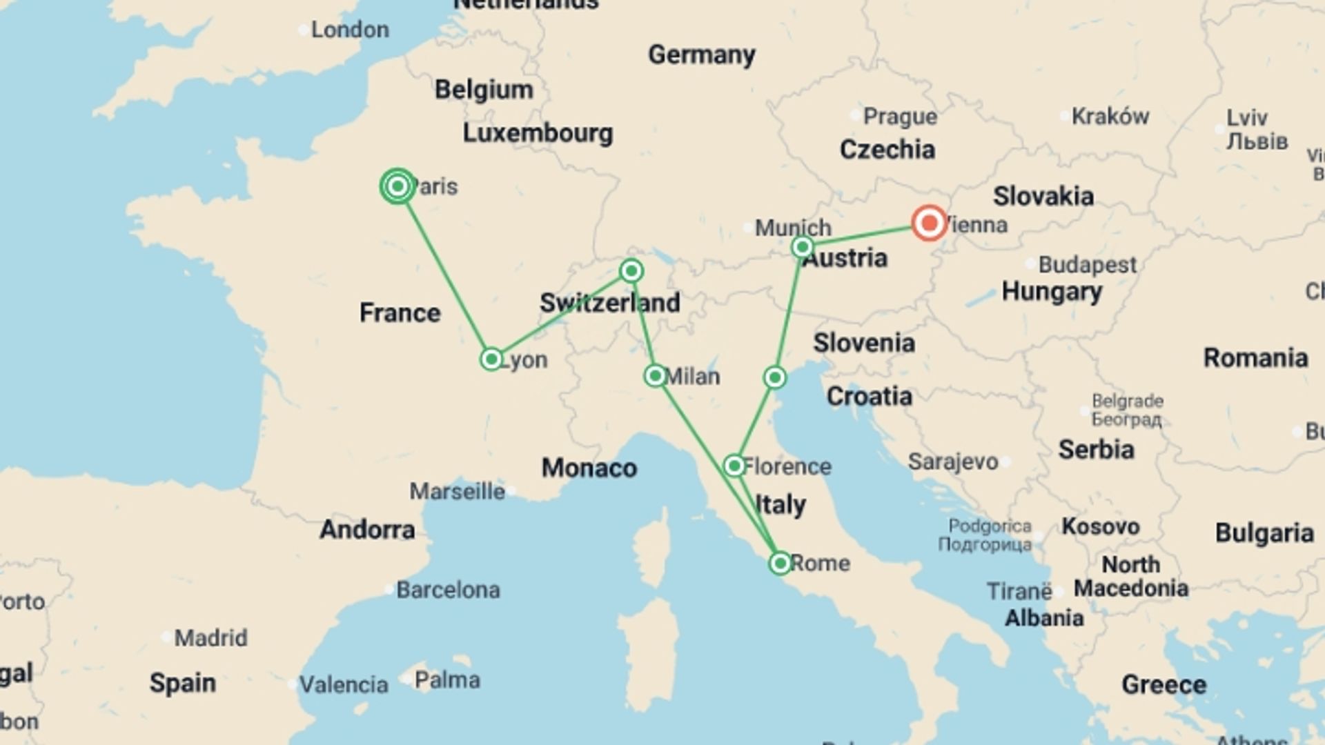 A map showing the tour itinerary for the trip: Adventurous Europe, starting in Paris, France and ending in Vienna, Austria going through 7 other destinations.