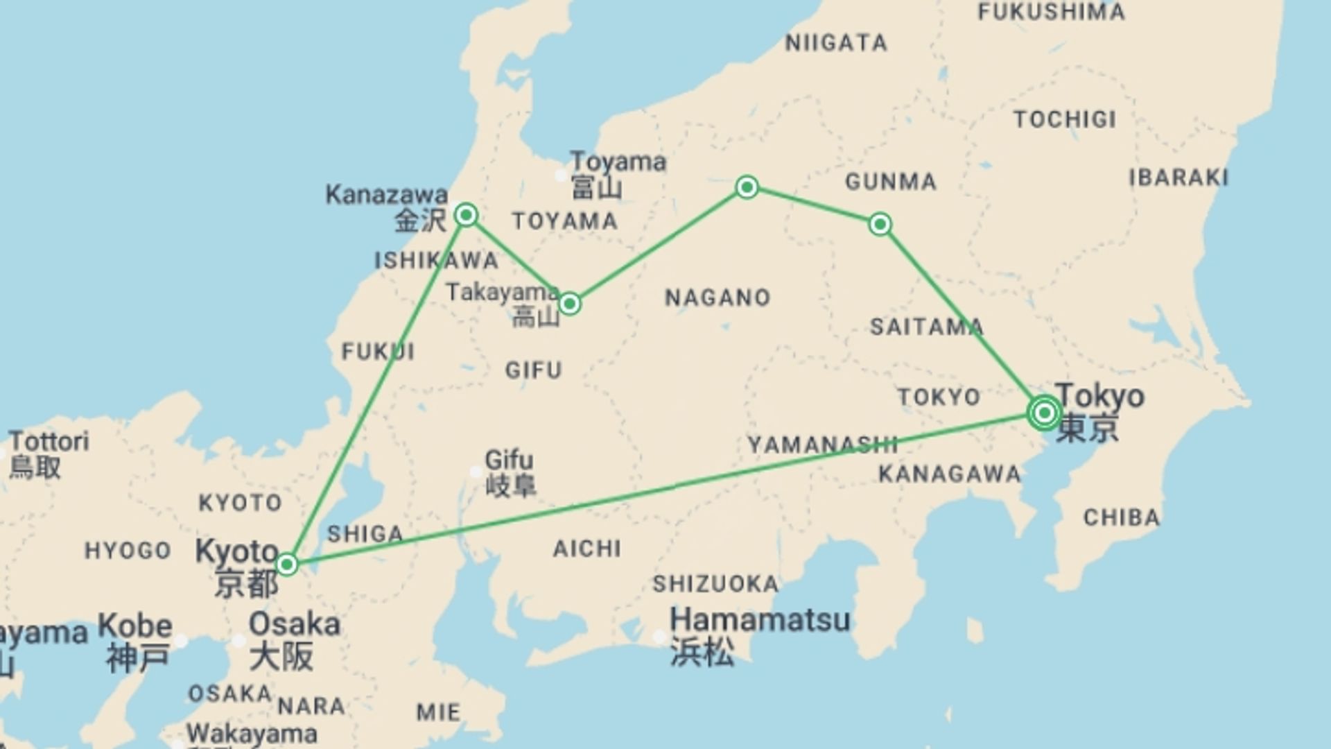 A map showing the tour itinerary for the trip: Feudal Japan with Japanese Alps, starting in Tokyo, Japan and ending in Tokyo, Japan going through 5 other destinations.