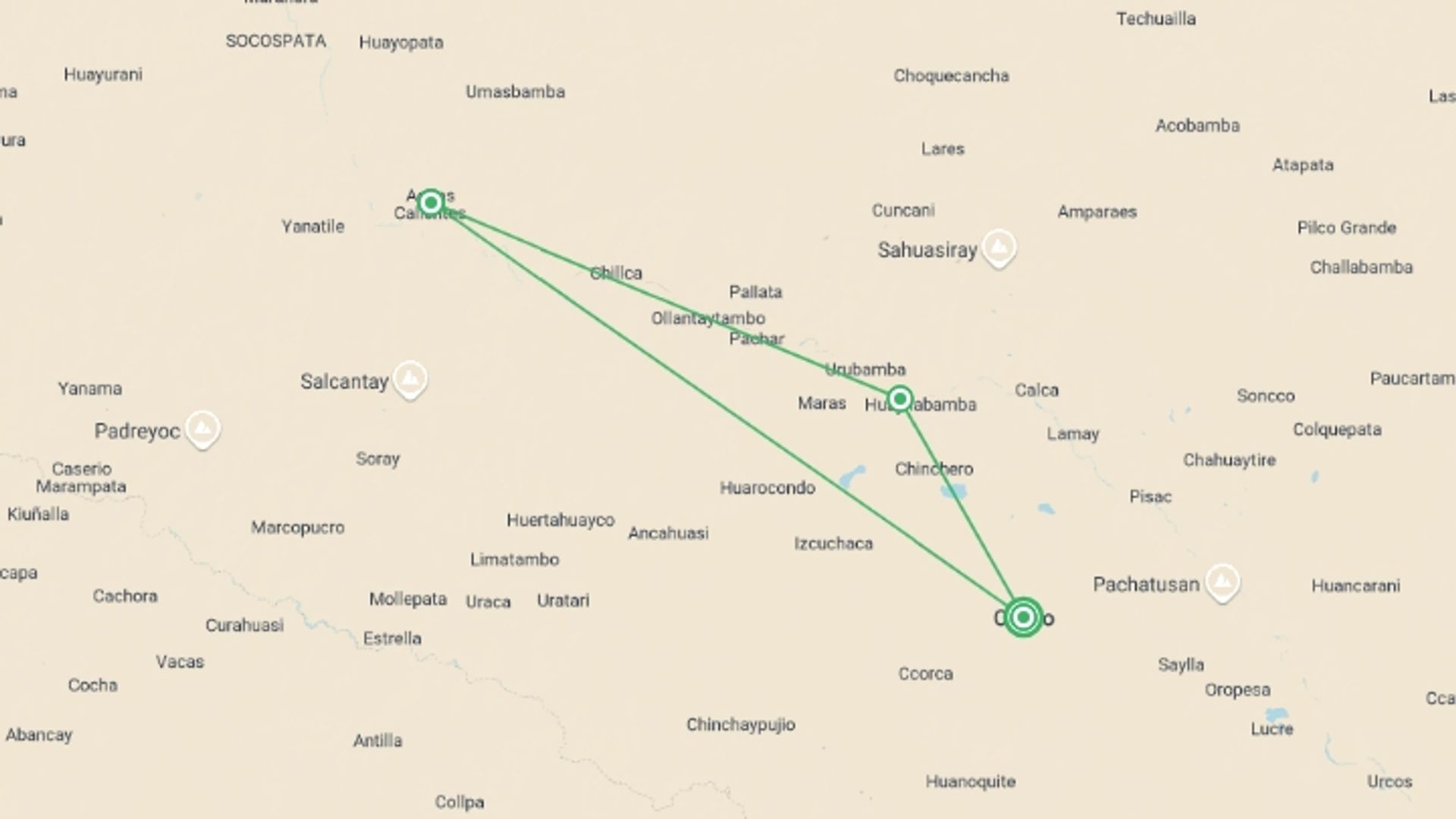 A map showing the tour itinerary for the trip: Peru & Machu Picchu: Comfortable Camping on the Inca Trail, starting in Cusco, Peru and ending in Cusco, Peru going through 2 other destinations.